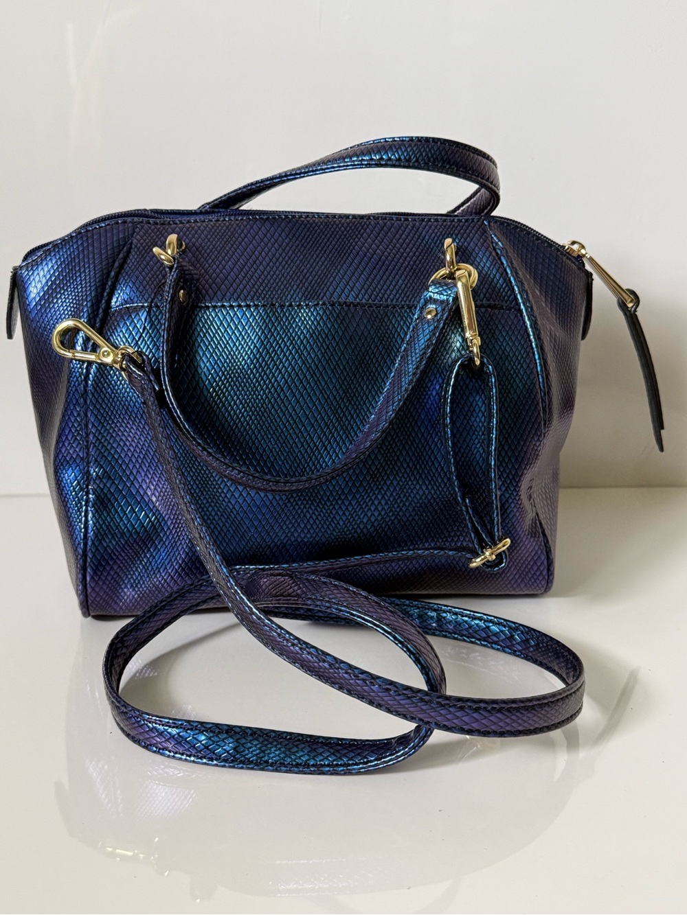 Juicy Couture Blue/Purple Metallic Juicy Hot Pink Interior Satchel Purse NWT - Picture 3 of 14